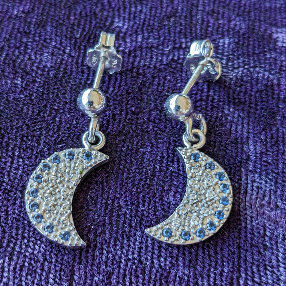 925 Sterling Silver Celestial Crescent Moon Drop Earrings, blue sapphire